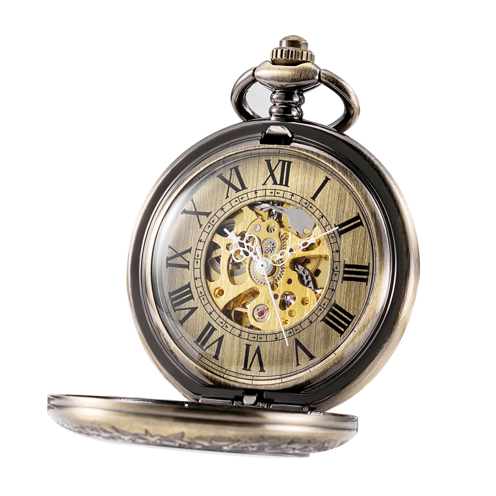 TREEWETO Automatic Mechanical Pocket Watch Magnifier Case Steampunk Skeleton Roman Numerals Dial for Men Women Bronze