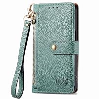 XYX Wallet Case for OnePlus 12R, RFID Blocking Love Heart Pu Leather Case Zipper Purse Wrist Strap with 7 Card Slots for OnePlus Ace 3, Green