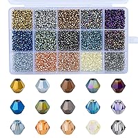 4500pcs 2mm Bicone Crystal Beads, Bulk Small Faceted Bicone Glass Beads for Jewelry Making DIY Craft Bracelet Necklace Earring with Container Box (15 Plated Metallic Colors)