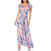 Eliza J Women's Gown Style Twist Waist Chiffon Flutter Sleeve Beaded Vneck Dress