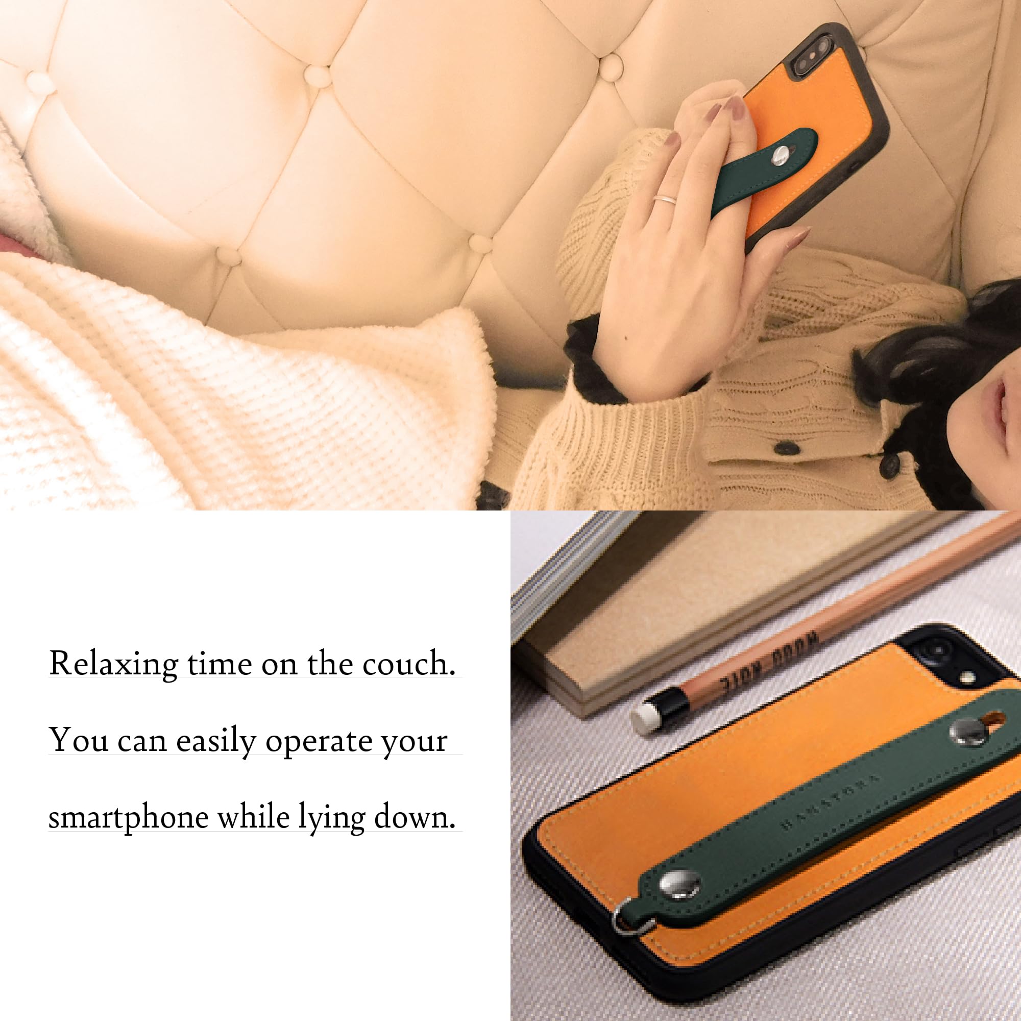 hanatora] iPhone 11 Pro Max Case Genuine Leather Leather Grip Leather Strap Attached Italian Cowhide Tanned Leather One-Handed Card Slot Stand Function Men's Women's Red/Orange CGH-11ProMax-Red-OG-US