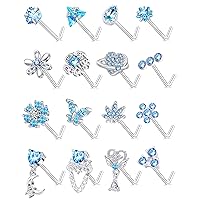 Tornito 16Pcs Nose Rings L Shaped Nose Stud Stainless Steel Butterfly Flower Leaf Heart Moon Dangle Nose Stud Ring Body Piercing Jewelry for Women Men 20G Pink Blue Clear CZ