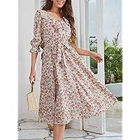 Summer Dresses for Women 2022 Allover Floral Puff Sleeve Ruffle Trim Belted Dress Dresses for Women (Color : Multicolor, Size : X-Small)