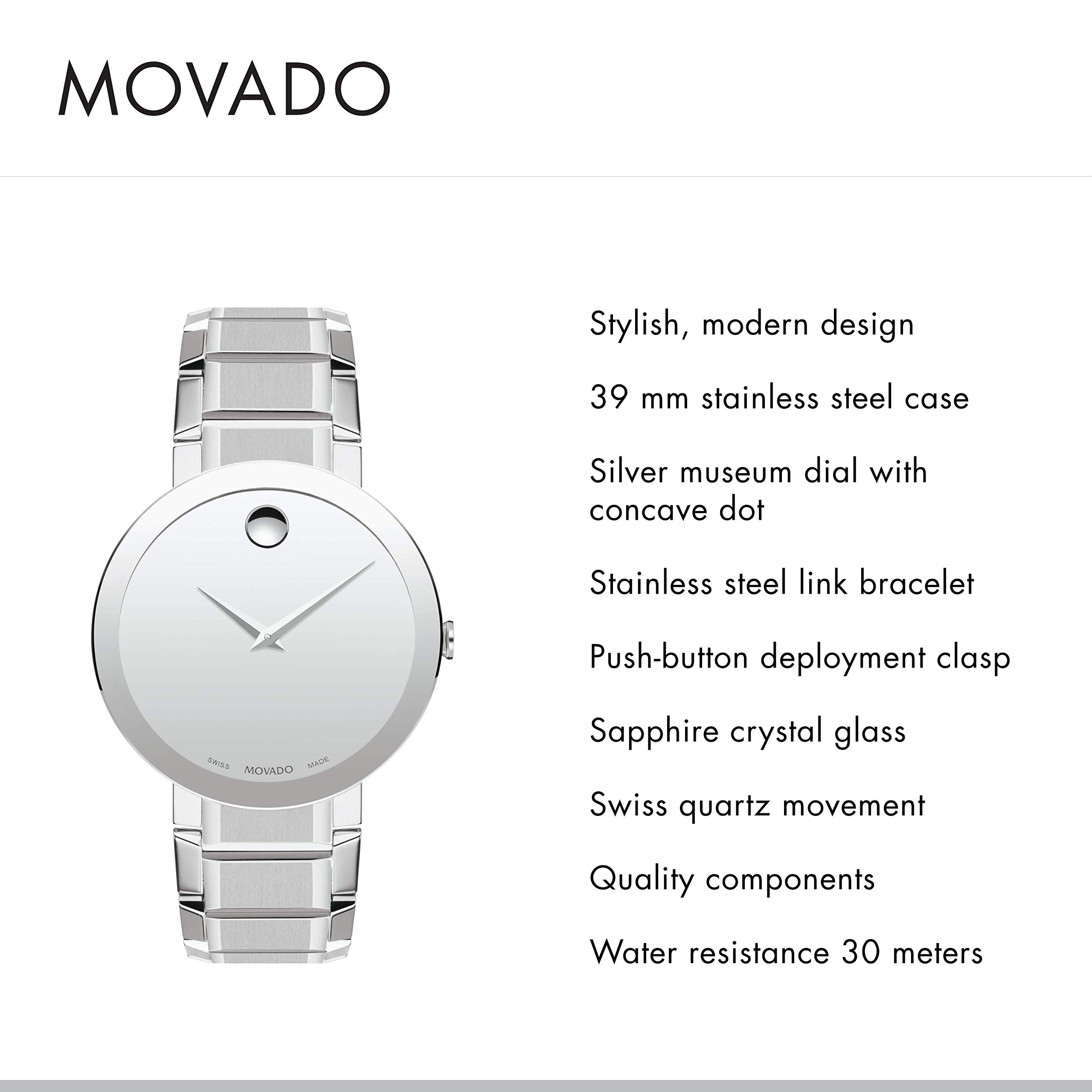 Movado Men's Sapphire Stainless Steel Watch with a Concave Dot Museum Dial, Silver (Model 607178)