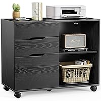3 Drawers Mobile Wood Lateral Rolling Filing Cabinet,Printer Stand with Open Adjustable Storage Shelves and Wheels for Home Office, Black