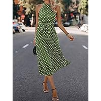 Dresses for Women Polka Dot Print Pleated Hem Belted Halter Dress (Color : Green, Size : Medium)