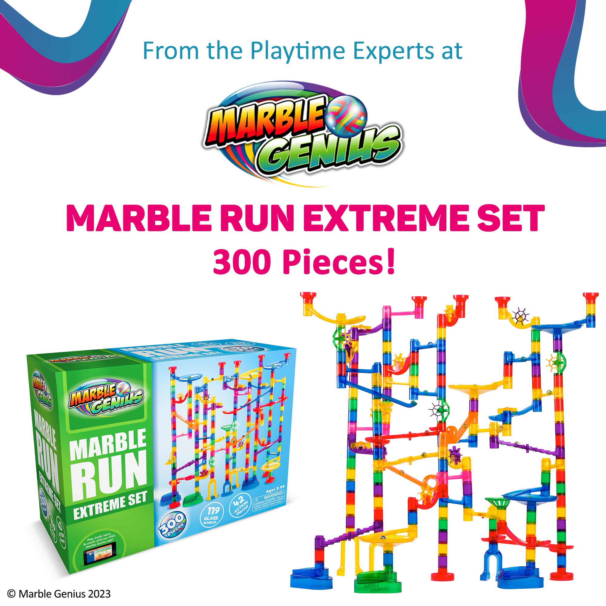 Marble Genius Marble Run (300 Complete Pieces) Maze Track or Race Game for Adults, Teens, Toddlers, or Kids Aged 4-8 Years Old, (118 Translucent Marbulous Pieces + 119 Glass-Marble Set), Extreme Set