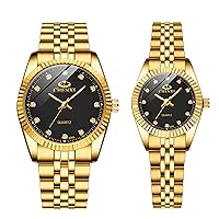 JewelryWe His and Hers Couple Watches Set Business Men Women Matching Watch Gold Pair Quartz Wristwatch, for Anniversary, Wedding, Valentine