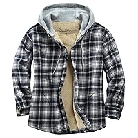 Flygo Men's Flannel Plaid Shirts Sherpa Lined Fleece Jacket Casual Button Down Shacket Hoodie