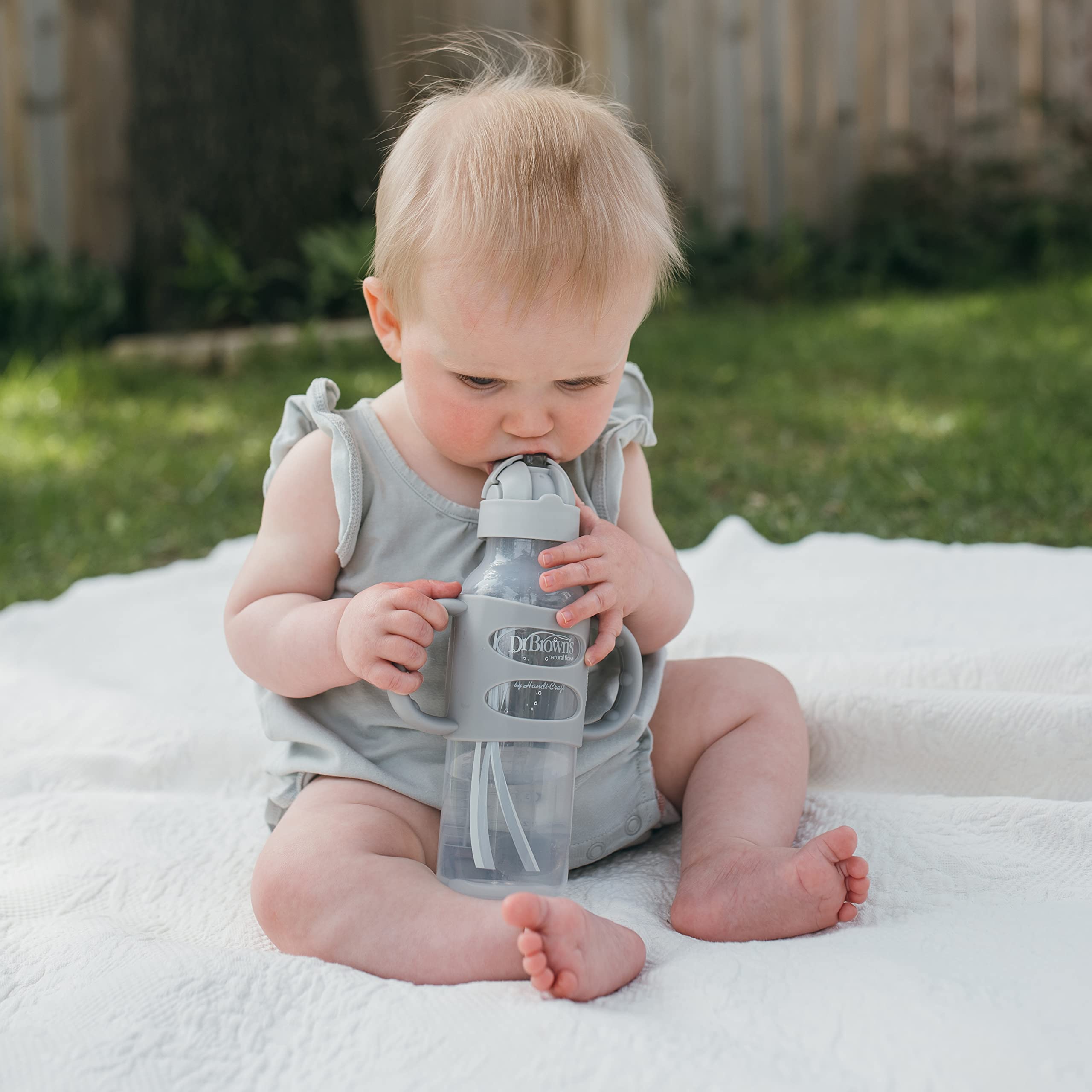 Dr. Brown’s® Milestones™ Narrow Sippy Straw Bottle with 100% Silicone Handles, 8oz/250mL, Gray, 1 Pack, 6m+