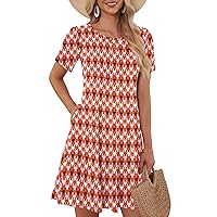 WNEEDU Summer Dresses for Women 2024 Short Sleeve Casual T Shirt Swing Loose Sundress with Pockets