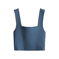 Verdusa Women's Square Neck Sleeveless Solid Ribbed Knit Crop Top Tank