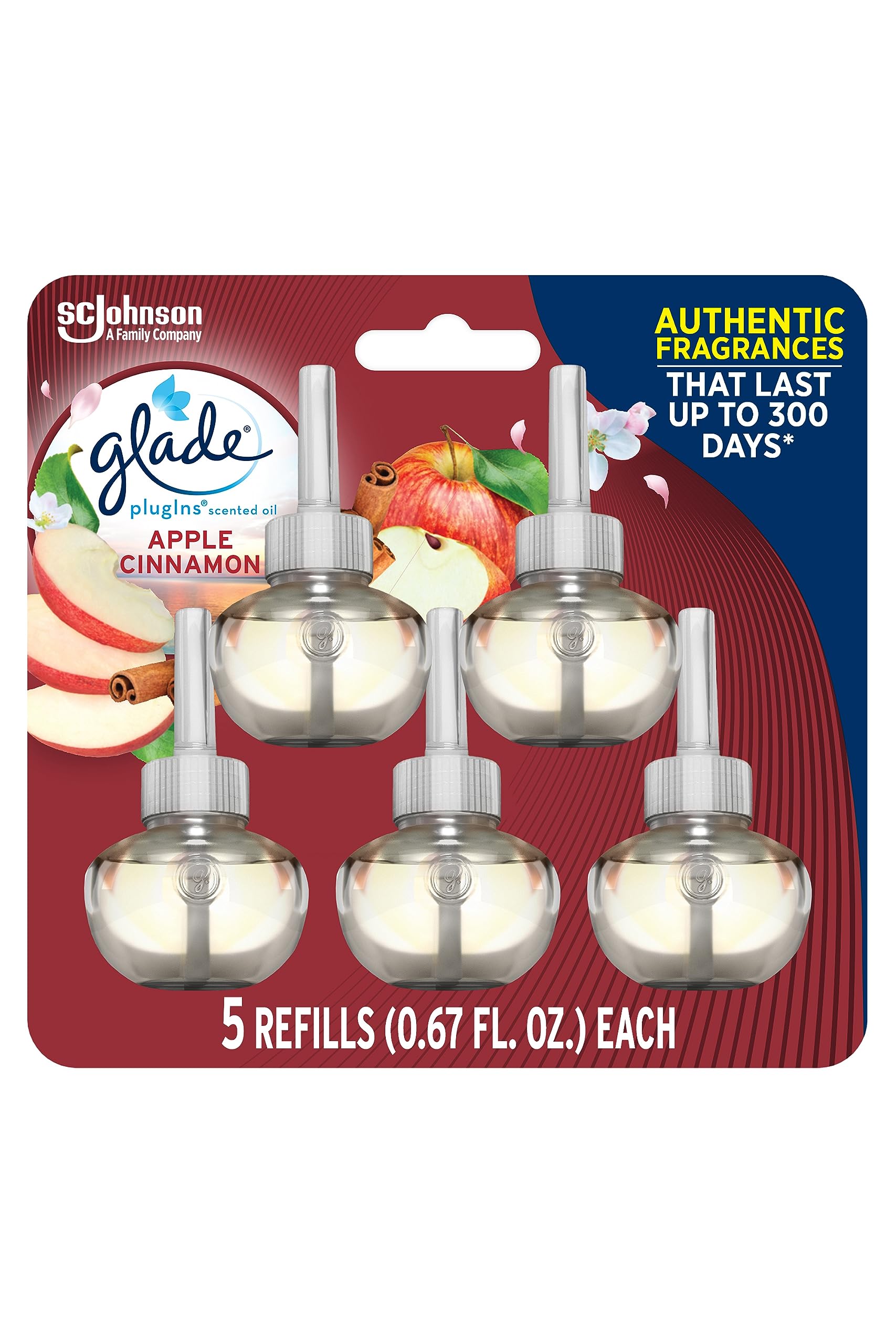 Glade PlugIns Refills Air Freshener, Scented and Essential Oils for Home and Bathroom, Apple Cinnamon, 3.35 Fl Oz, 5 Count