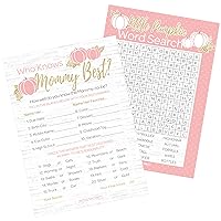 DISTINCTIVS Pink and Gold Little Pumpkin Girl Baby Shower - Who Knows Mommy Best and Word Search (2 Game Bundle) - 20 Dual Sided Cards