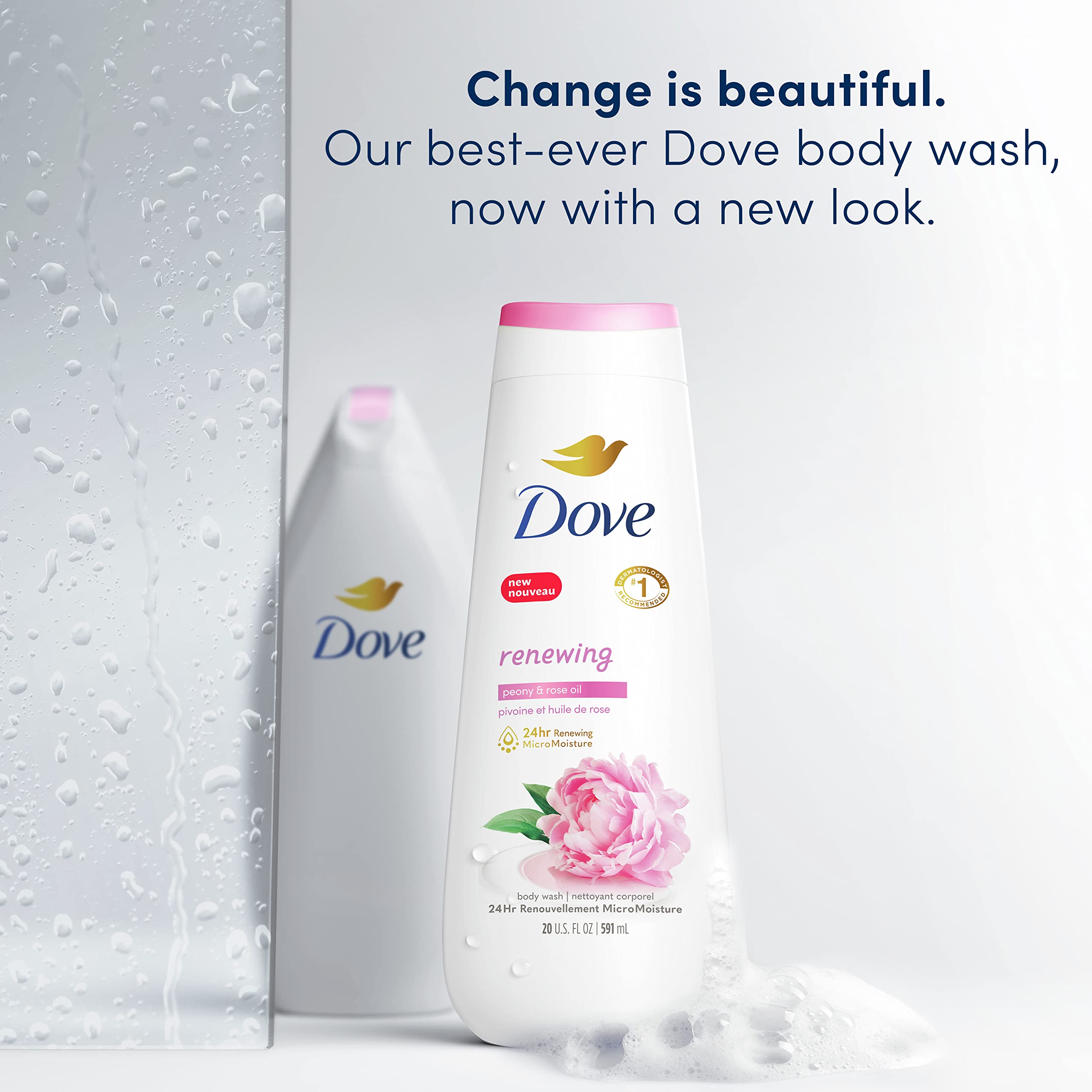 Dove Body Wash Renewing Peony and Rose Oil 4 Count for Renewed, Healthy-Looking Skin Gentle Skin Cleanser with 24hr Renewing MicroMoisture 20 oz