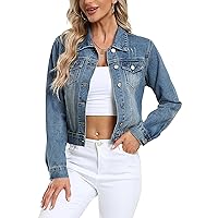 andy & natalie Women's Denim Jackets Cropped Jean Jacket Long Sleeve Basic Button Down Crop Jean Jacket with Pockets