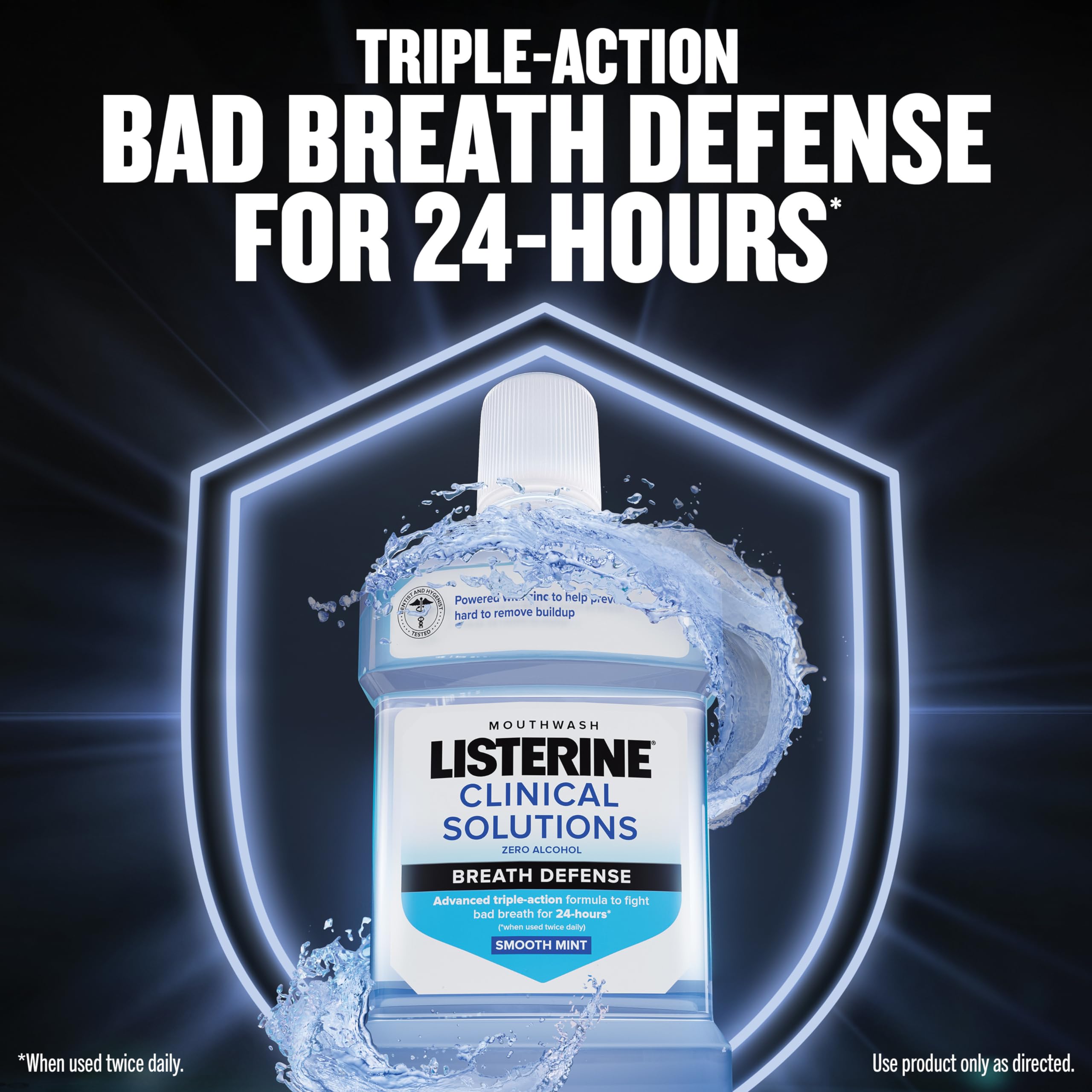 Listerine Clinical Solutions Breath Defense Zero Alcohol Mouthwash, Alcohol-Free Mouthwash with a Triple-Action Formula Fights Bad Breath for 24 Hours, Smooth Mint Oral Rinse, 500 mL
