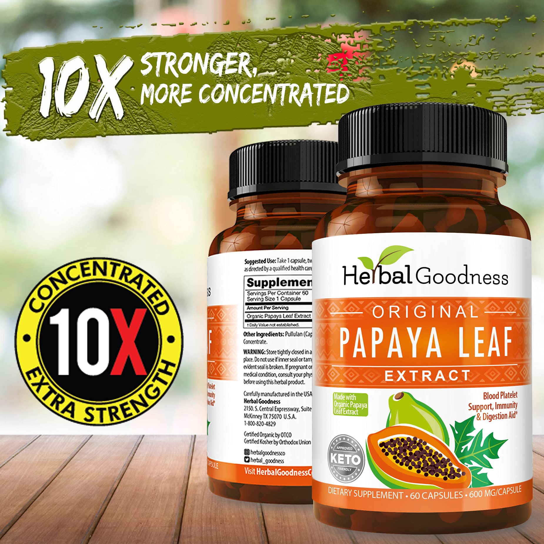 Papaya Leaf Extract Bundle - Includes Digestive Veg Capsules 60/600mg and Platelet Support 16oz - Herbal Goodness