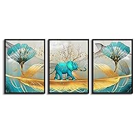 SERIMINO XLarge Black Framed Canvas Wall Art for Living Room Blud and Gold Elephant Picture Wall Decor for Dining Room Bedroom Bathroom Kitchen Print for Home Decorations 3 Piece Animal Paintings Set