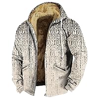 Mens Sherpa Jacket Hoodie Zip Up Winter Sherpa Lined Sweatshirt Thick Warm Fleece Jacket Coat Retro Print Outwear