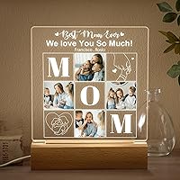 Kenon Custom 4 Photo Acrylic Night Light with Wood Base, Personalized Gift for Mom Dad, Custom Photo Collage LED Light, Best Mom Ever