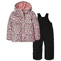 The Children's Place girls Girls Long Sleeve Leopard 3 in 1 Jacket and Sleeveless Solid Snow Overalls 2-piece Snow Set 2-pack
