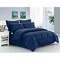 Elegant Comfort Wrinkle Resistant - Silky Soft Dobby Stripe Bed-in-a-Bag 8-Piece Comforter Set - Full/Queen, Navy Blue