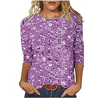 Boho Tops for Women Trendy Casual 3/4 Sleeve T Shirt Floral Pattern Tee Work Blouse Ladies Going Out Blouse Pullover