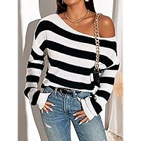 Women's Sweater Color Block Asymmetrical Neck Drop Shoulder Sweater Sweater for Women (Color : Black and White, Size : X-Small)
