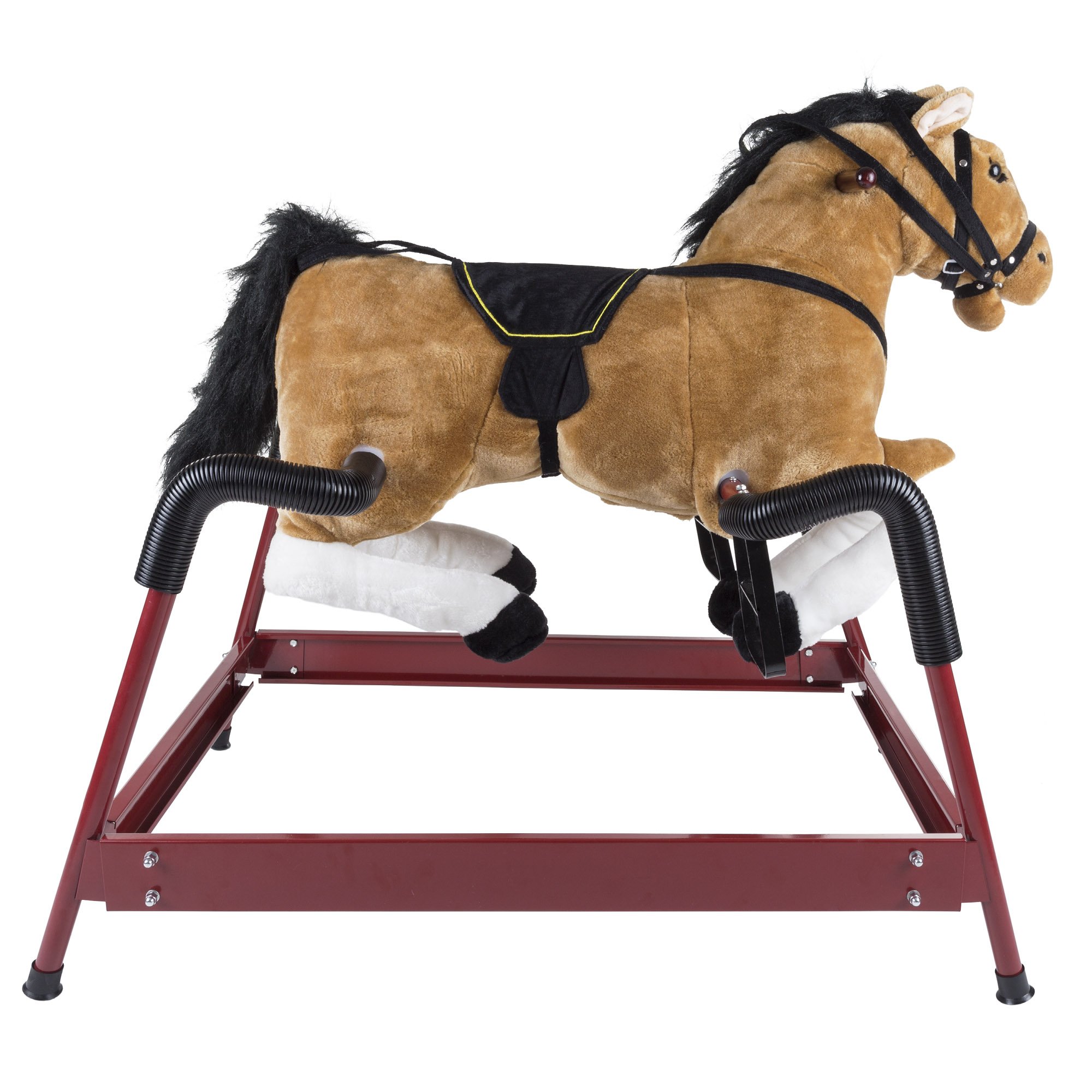 Spring Rocking Horse Plush Ride on Toy with Adjustable Foot Stirrups and Sounds for Toddlers to 5 Years Old by Happy Trails - Brown