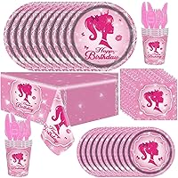 Pink Girl Tableware Set Birthday Party Supplies Include Pink Girl Princess Paper Plates,Napkins,Paper Cups,Forks,Knifes,Spoons,Tablecloth Happy Birthday Party Decoration Supplies for 10 Guests