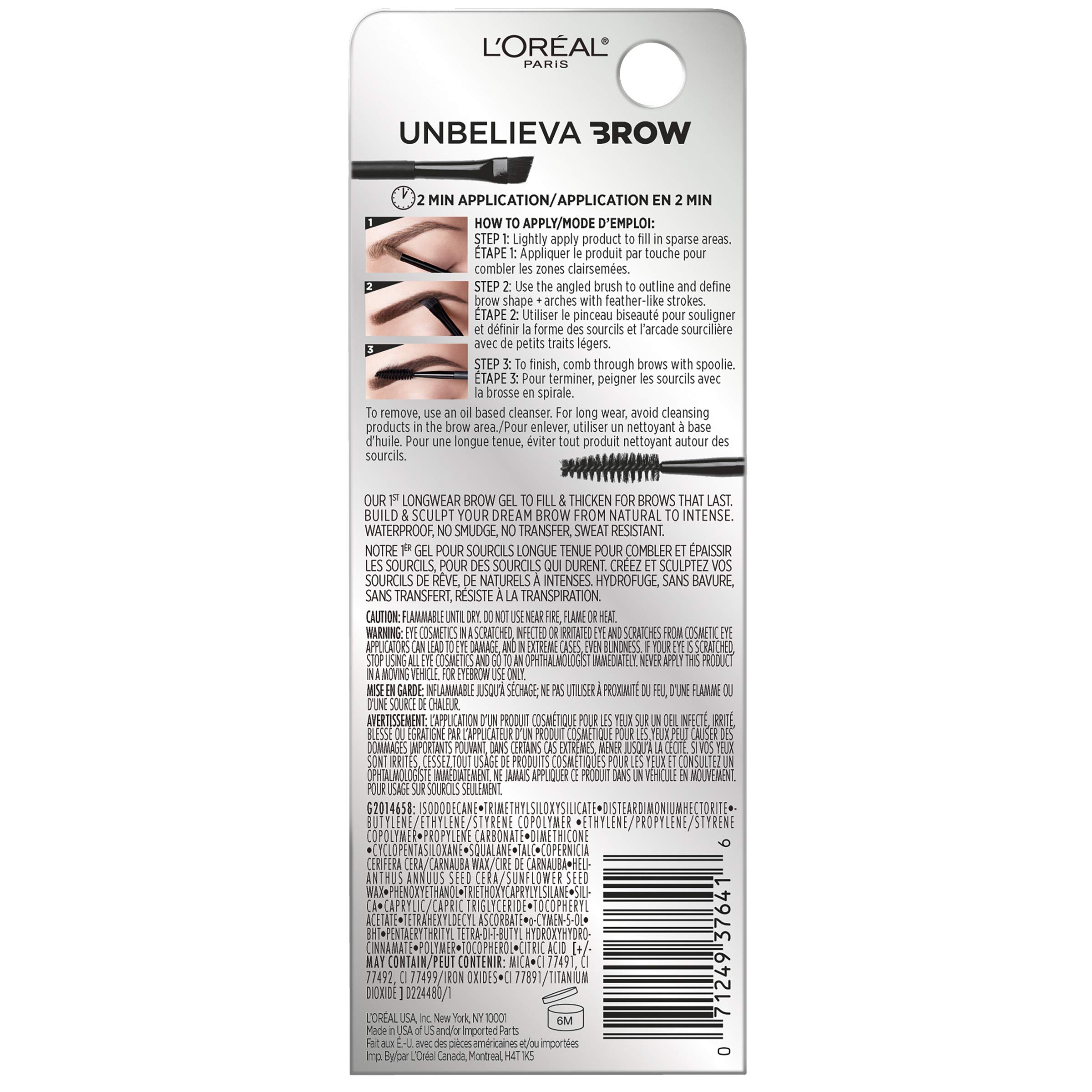 L’Oréal Paris Unbelieva-Brow Longwear Waterproof Tinted Brow Gel, Dark Brunette, 0.15 fl. oz.