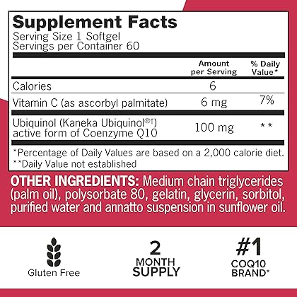 Qunol Ubiquinol CoQ10 100mg Softgels, Mega Ubiquinol 100mg - Superior Absorption - Active Form of Coenzyme Q10 for Heart Health & Healthy Blood Pressure Levels - 2 Month Supply - 60 Count