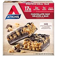 Atkins Chocolate Chip Granola Protein Meal Bar, High Fiber, 17g Protein, 1g Sugar, 3g Net Carbs, Meal Replacement, Keto Friendly, 5 Count