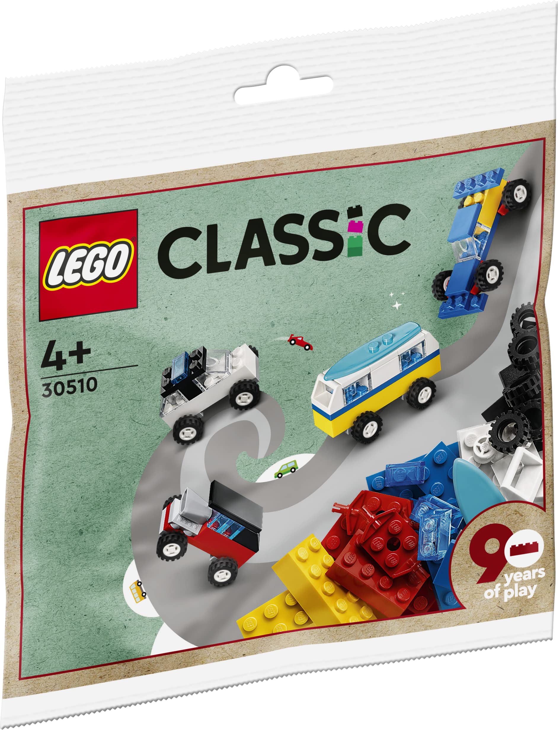 LEGO Classic 30510 90 Years of Cars 71 Piece Iconic Cars Toy Set Polybag with 4 Mini Build Cars for Builders Aged 4 and Up, Multicolor