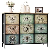 Dresser for Bedroom,9 Drawer Dressers & Chests of Drawers for TV Stand,Organizer Fabric Storage for Bedroom,Living Room,Hallway,Easy Pull Fabric Bins,Retro Floral Pattern Drawers Wooden Top