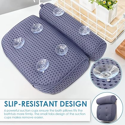 Bath Pillow for Tub Ergonomic Non-Slip Bathtub Pillow with Upgraded 4D Air Mesh Technology and 6 Non-Slip Strong Suction Cup, Relaxing Spa Bath Pillow Headrest Blue