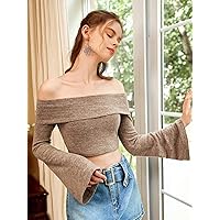 Women's Tops Shirts Sexy Tops for Women Solid Ribbed Knit Off The Shoulder Tee Shirts for Women (Color : Mocha Brown, Size : X-Small)