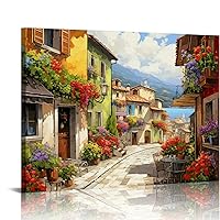 MAXPRESS Italy Tuscan Village Landscape Painting Print on Stretched Canvas Wall Art