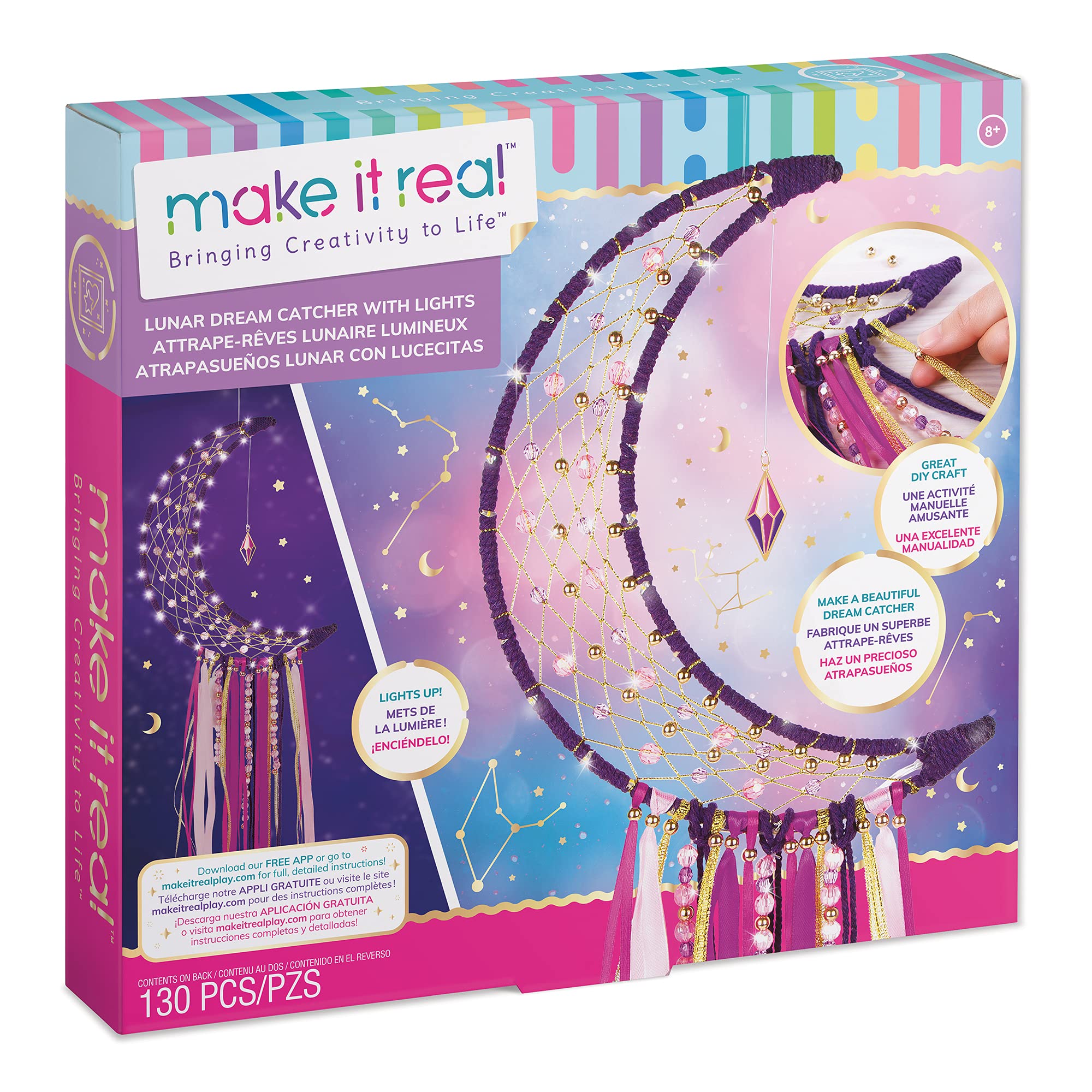 Make It Real - Lunar Dream Catcher with Lights - DIY Dream Catcher Kit for Kids - Teen Room Wall Decor Dream Catcher with Fairy Lights - Ages 8+
