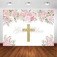 Avezano 7x5ft God Bless Baptism Backdrop for Girls First Holy Communion Christening Baby Shower Party Decorations Photoshoot Background Pink Floral Gold Glitters God Bless Party Backdrops