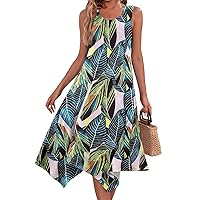 Maxi Dress for Women Floral Print Hankerchief Hem Beach Dress Flowy Sleeveless Sundress Crewneck Tank Dresses