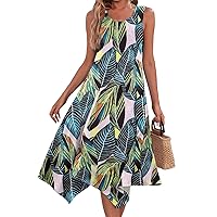 Long Flowy Dresses for Spring Maxi Dresses for Women 2024 Round Neck Sleeveless Irregular Hem Floral Print Midi Dress, S-2XL