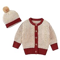Unisex Baby Cardigan Knitted Coat Button up Knitted Sweater Crochet Coat with Pom Ball Warm Hat Outfit