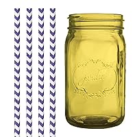 Dress My Cupcake Amber Yellow Vintage Jardin Mason Jar with Purple Chevron Straws, 32-Ounce