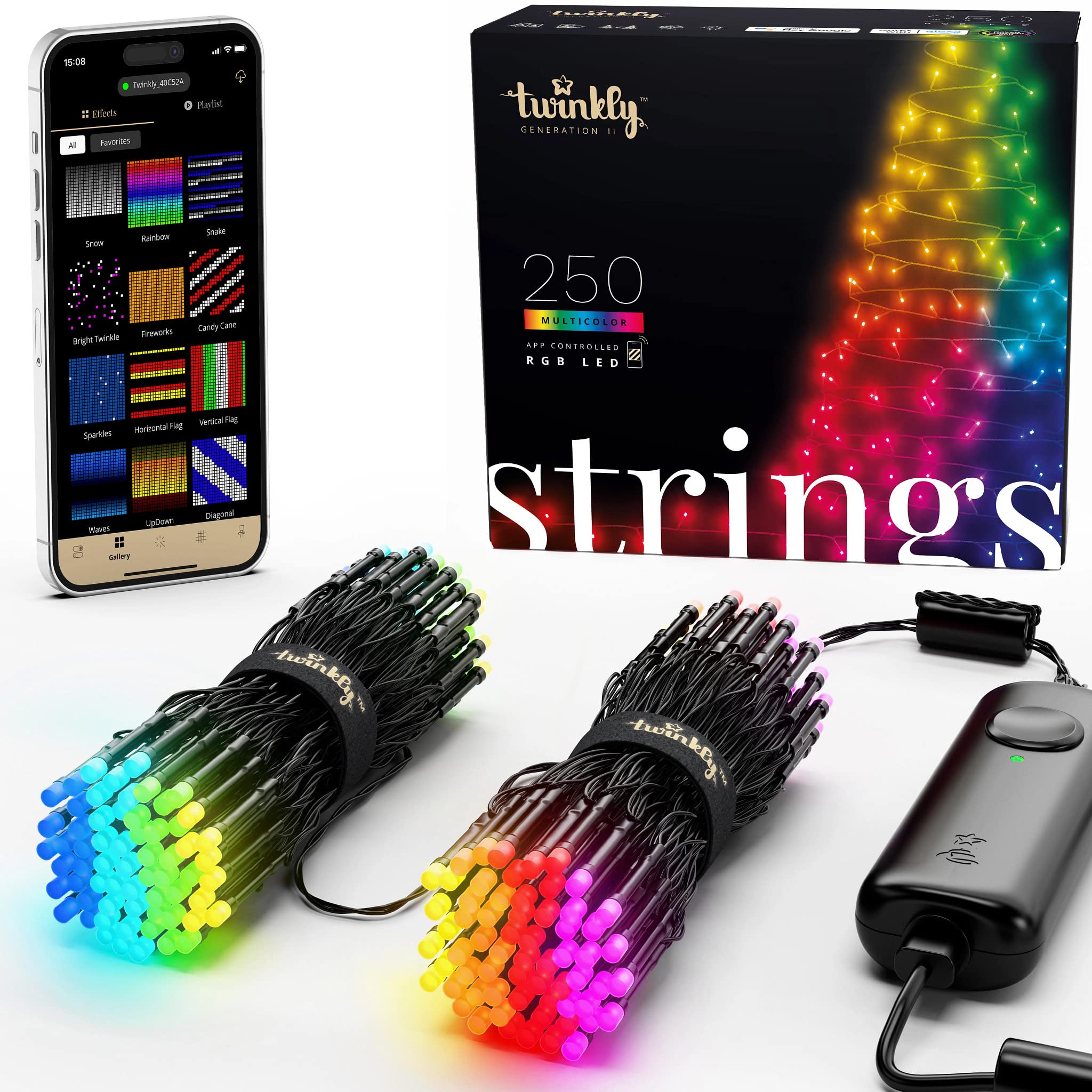 Twinkly Strings – App-Controlled LED Christmas Lights with 250 RGB (16 Million Colors) LEDs. 65.6 feet. Green Wire. Indoor and Outdoor Smart Lighting Decoration