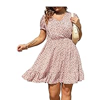 Celkuser Womens Plus Size Summer V-Neck Casual Mini Dress with Pockets