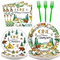 Tevxj 96PCS One Happy Camper Tableware Set Camping 1st Birthday Disposable Paper Plates One Happy Camper Party Plates Napkins Forks for Forest Nature Summer Themed Party Decorations Supplies 24 Guests