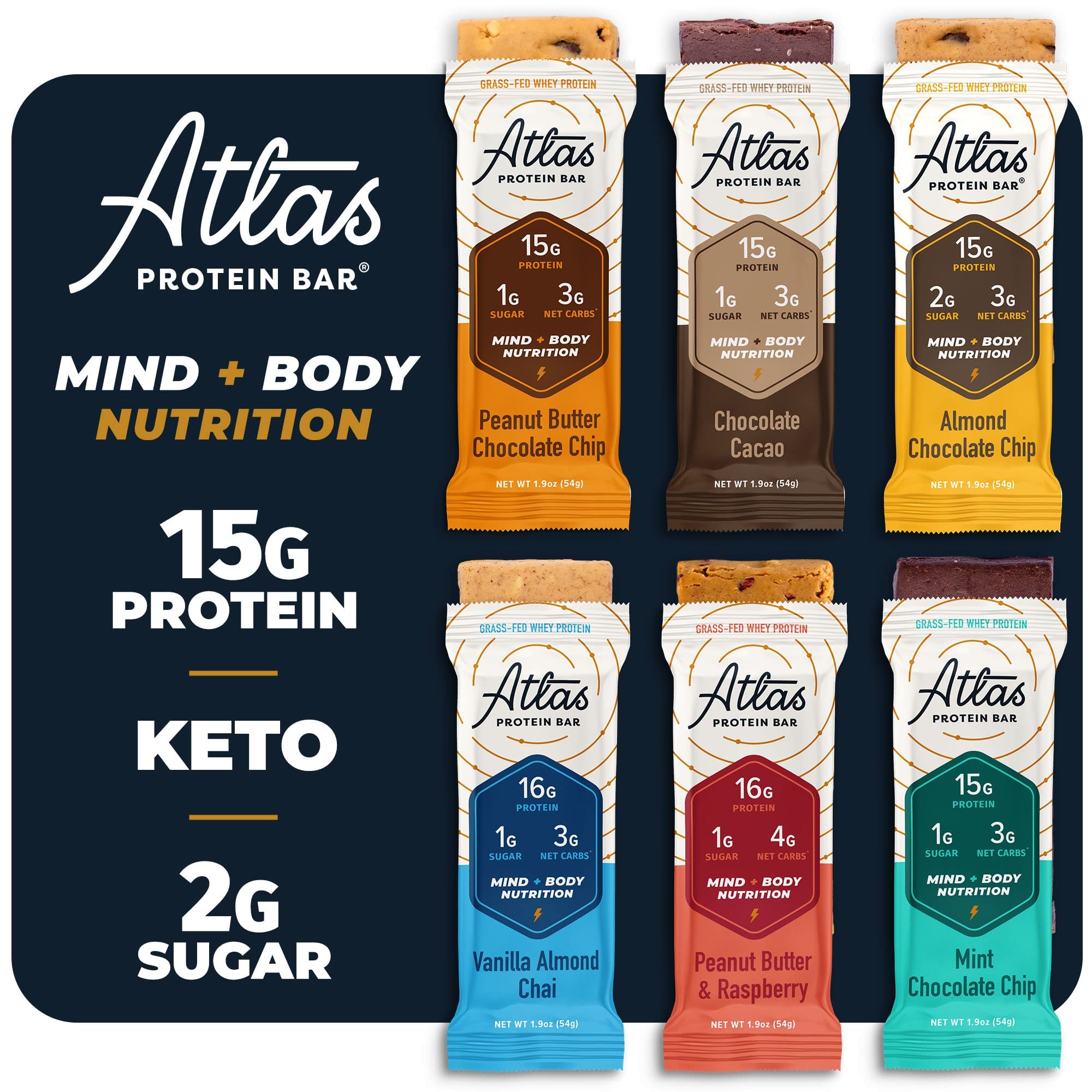 Atlas Protein Bar, 20g Protein, 1g Sugar, Clean Ingredients, Gluten Free (Whey Variety, 12 Count (Pack of 2))