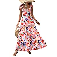 PRETTYGARDEN Womens 2024 Summer Sleeveless Spaghetti Strap Long Floral Maxi Dress Boho A Line Beach Sundresses
